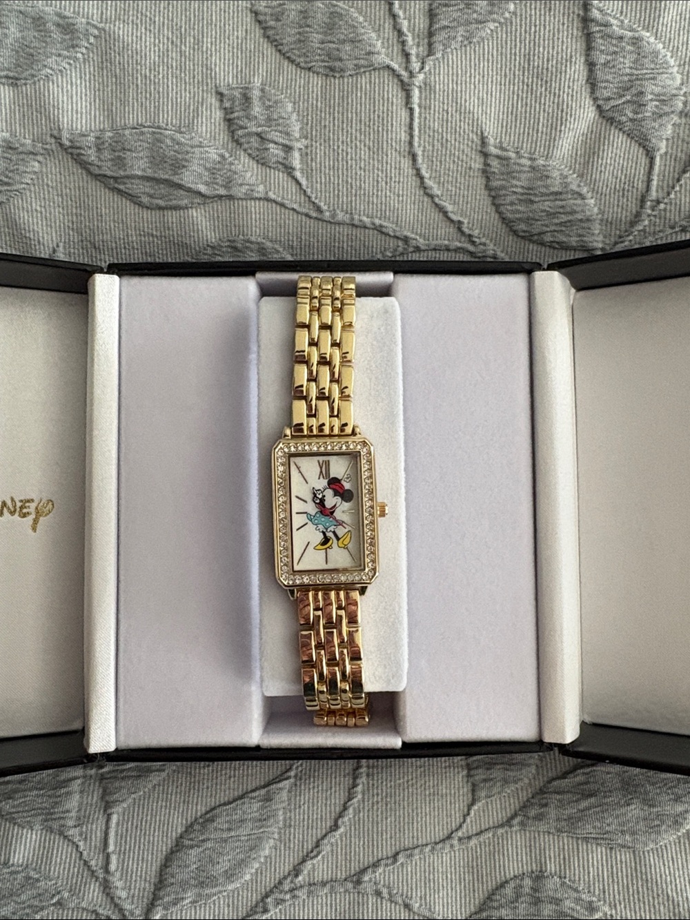 Disney Gold Tone Minnie Mouse Crystal-Trim Rectangular Bracelet Watch